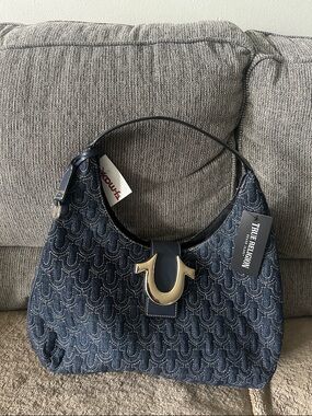 True Religion Dark Denim Hobo Bag with Gold Horseshoe Accent